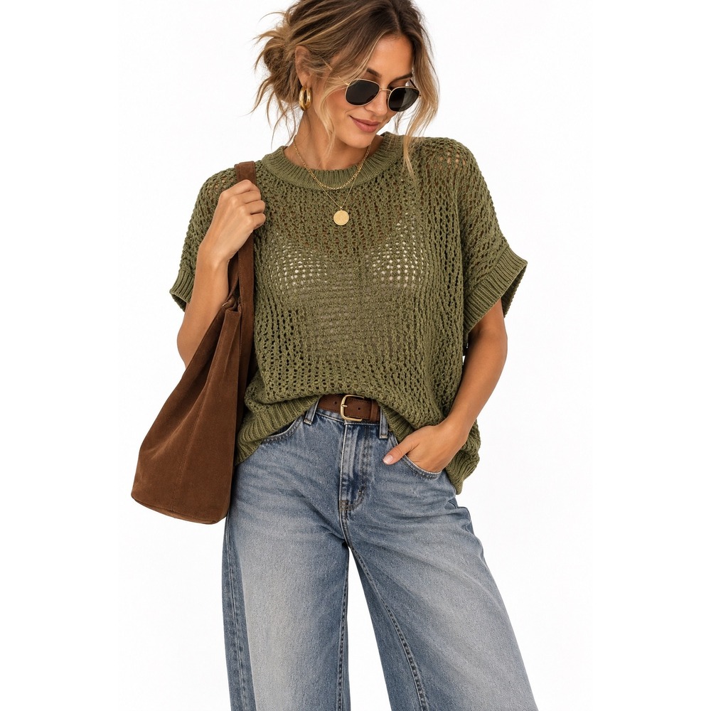 Knot Sisters Olive Green Open Knit Sweater Women Cotton Oversized Coastal Boho